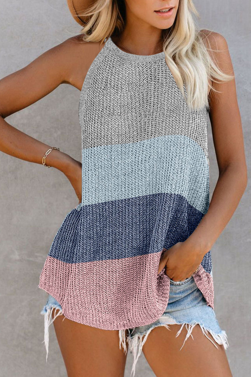 Striped Halter Crew Neck Sleeveless Knit Vest（3  Colors）