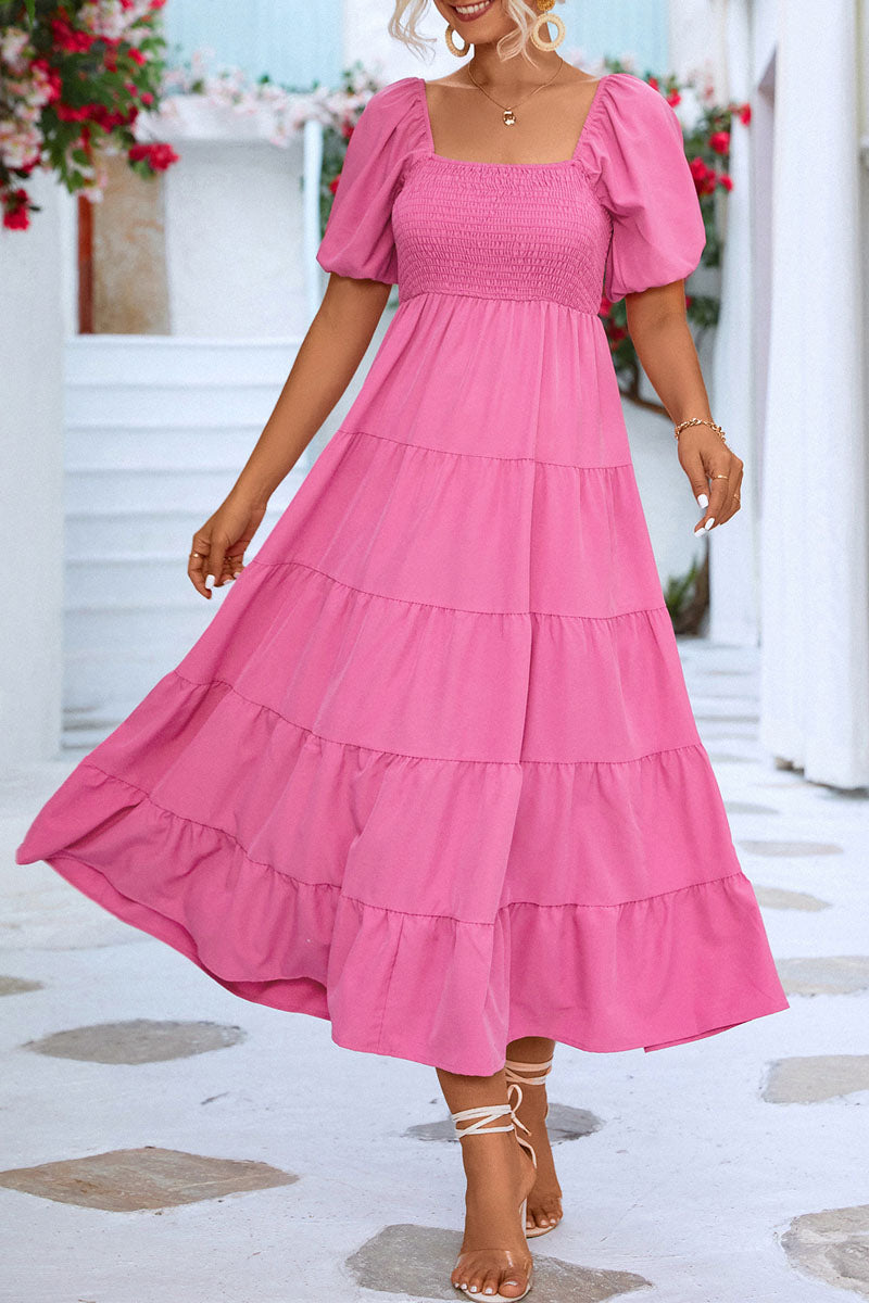 Smocked Off Shoulder Bubble Sleeve Slit Dress