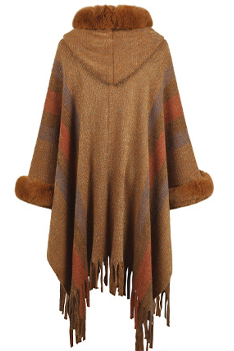 Hooded Multicolor Striped Fur Collar Fringed Knit Shawl Sweater