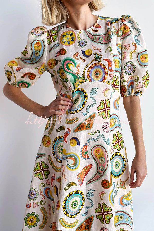 Trip Ready Linen Blend Unique Print Puff Sleeve Wavy Midi Dress - Fashionpara