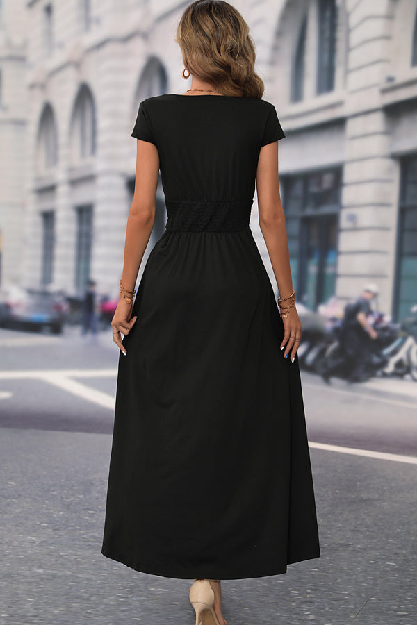 Deep V Neck Short Sleeve Solid Long Dress