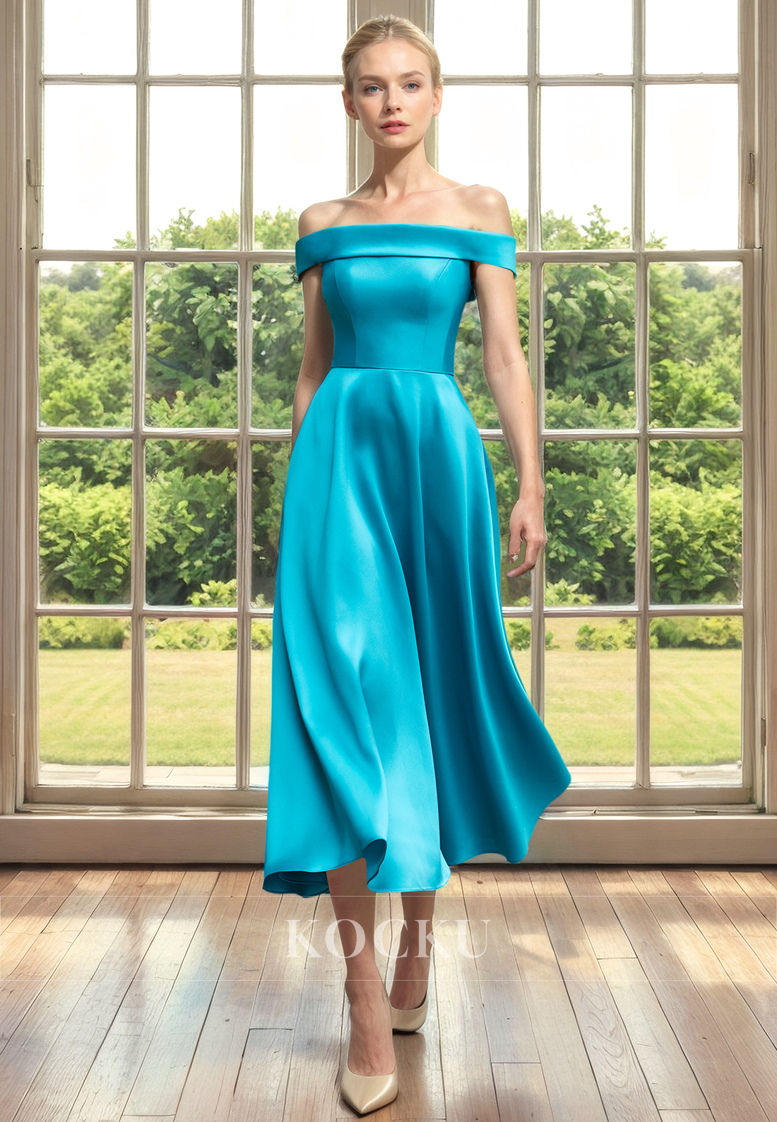 Classic & Timeless Off-Shoulder Sleeveless A-Line Satin Cocktail Mother of the Bride Dress - Fashionpara