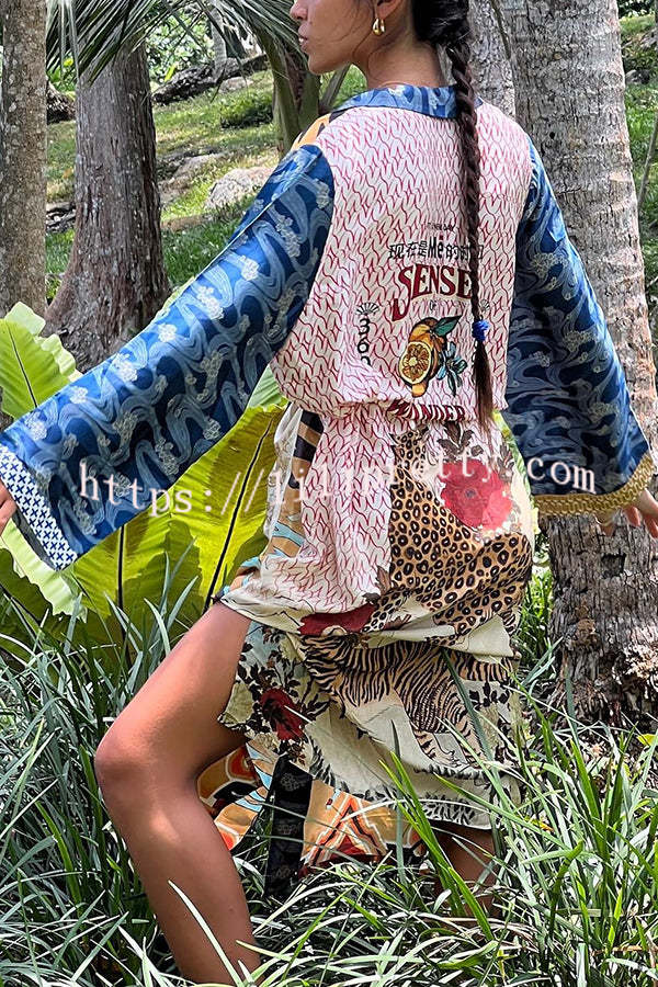 Tropical Jungle Tiger Unique Print  Long Sleeve Belt Pocketed Kimono Coat