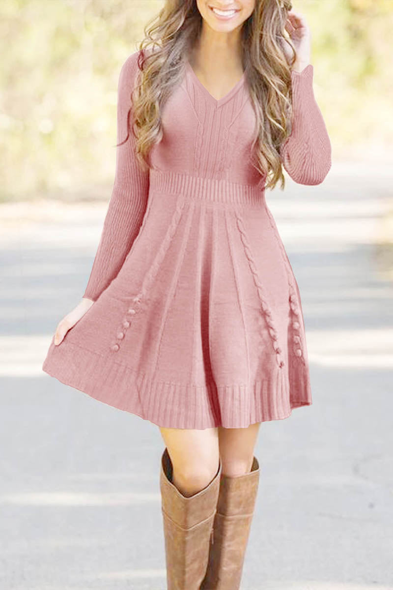 Solid Cable Wool V-Neck Casual Elegant Midi Sweater Dress