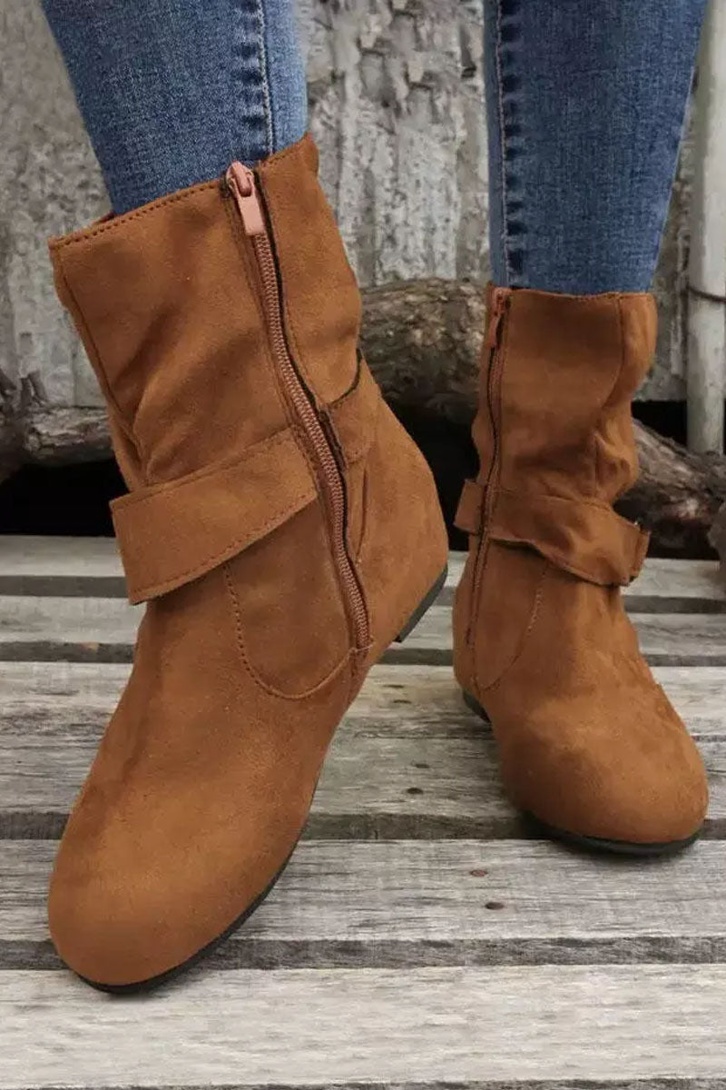 Zipper Buckle Strap Round Toe Boots