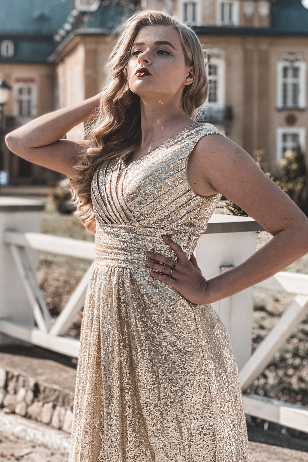 Gold V Neck Sequin Prom Bridesmaid