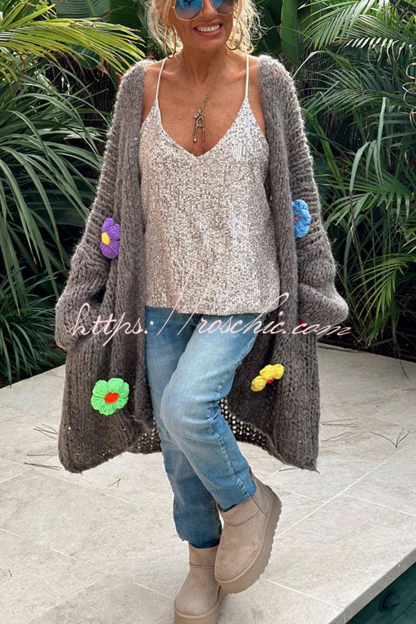 A Different Story Knit Hollow Out Multi Color 3D Flowers Oversized Midi Cardigan