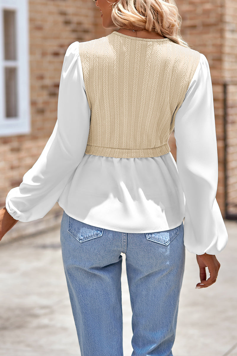 V-neck Patch Work Long-sleeved Top