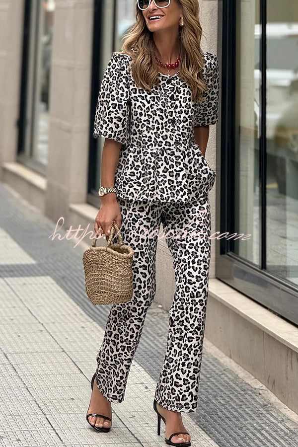 Colette Leopard Print Half Sleeve Babydoll Top and Elastic Waist Pocketed Pants Set - Fashionpara