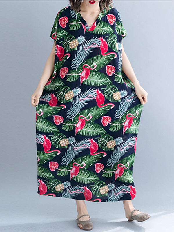 Palm Leaves & Flamingo Plus Size Kaftan Dress - Fashionpara