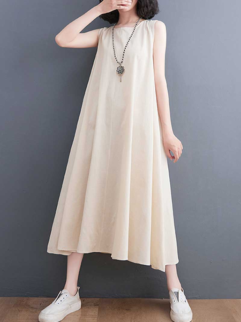 Plain Cotton Round Neck Sleeveless Midi Dress - Fashionpara