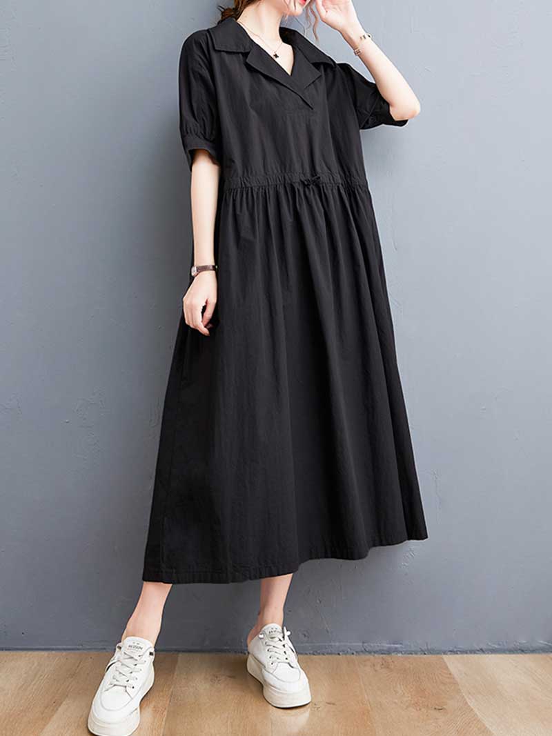 Plain Cotton Short Sleeve A-Line Dress - Fashionpara