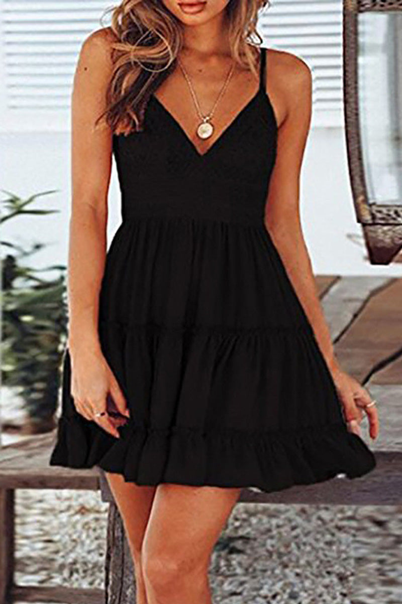 Fashion Solid Color Ruffle Hem Mini Dress