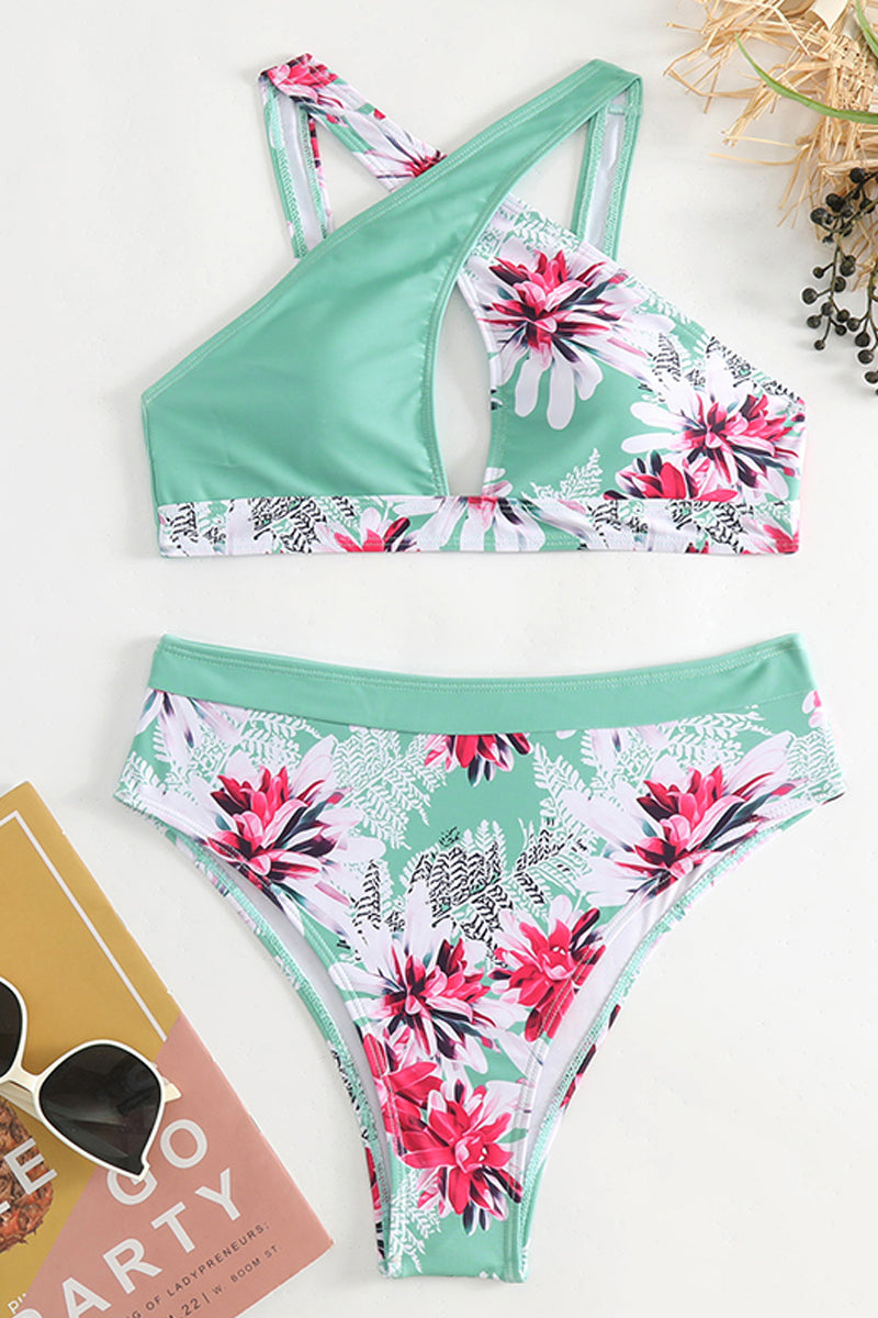 Floral Print Hollow Out Halter Two Piece Swimwear