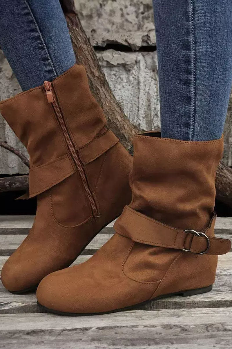 Zipper Buckle Strap Round Toe Boots