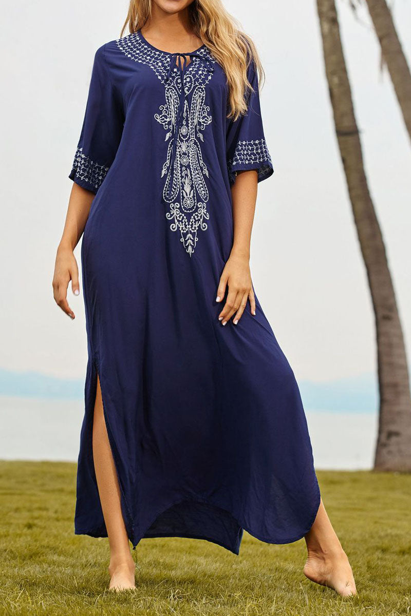 Beach Vacation Embroidered Round Neck Slit Cover Up Dress