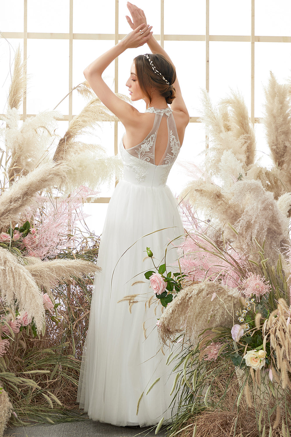 White Halter Neck Wedding Dress