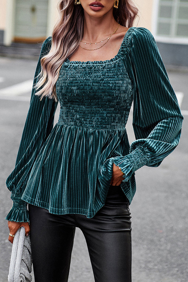 Square Neck Balloon Sleeve Velvet Top