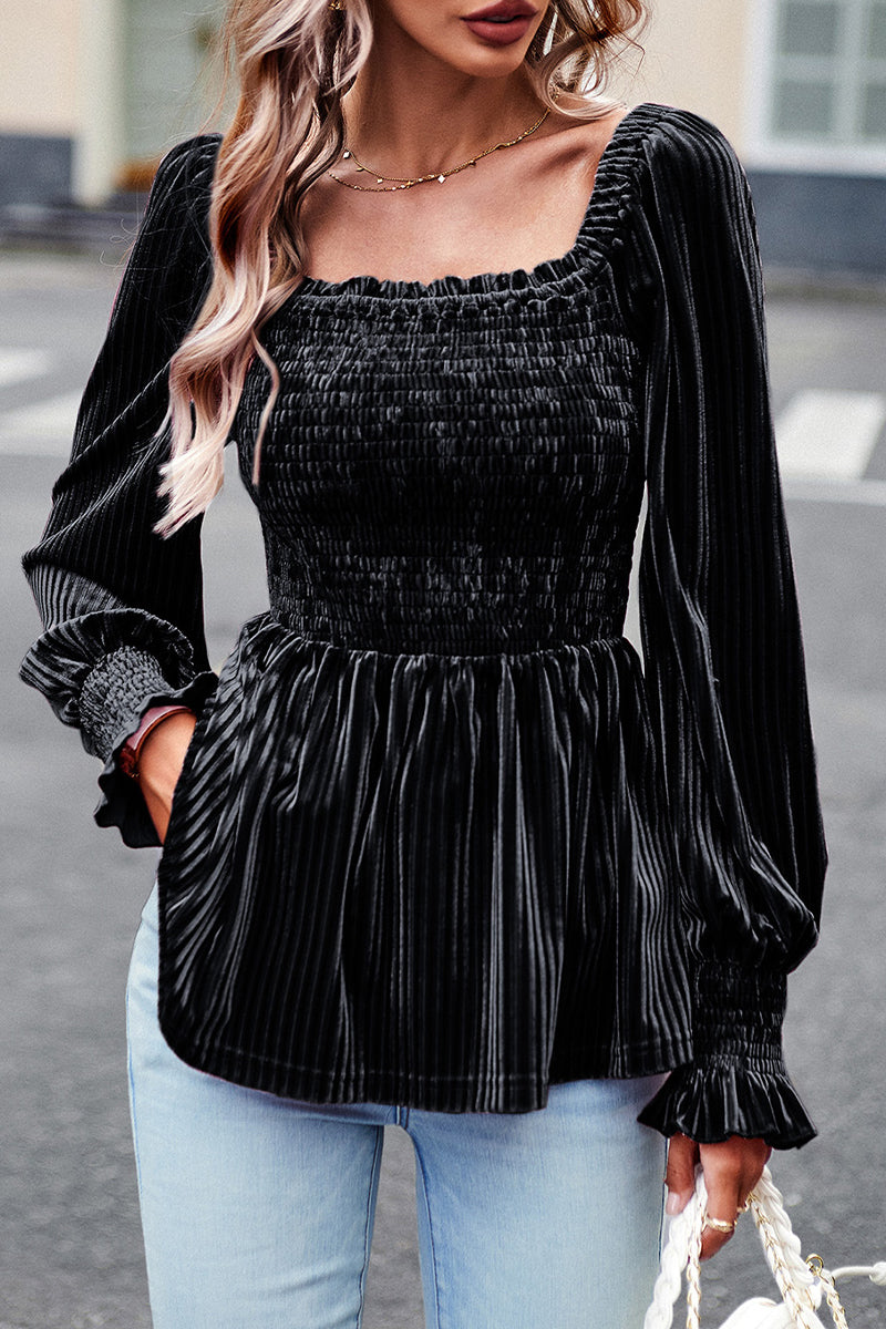 Square Neck Balloon Sleeve Velvet Top