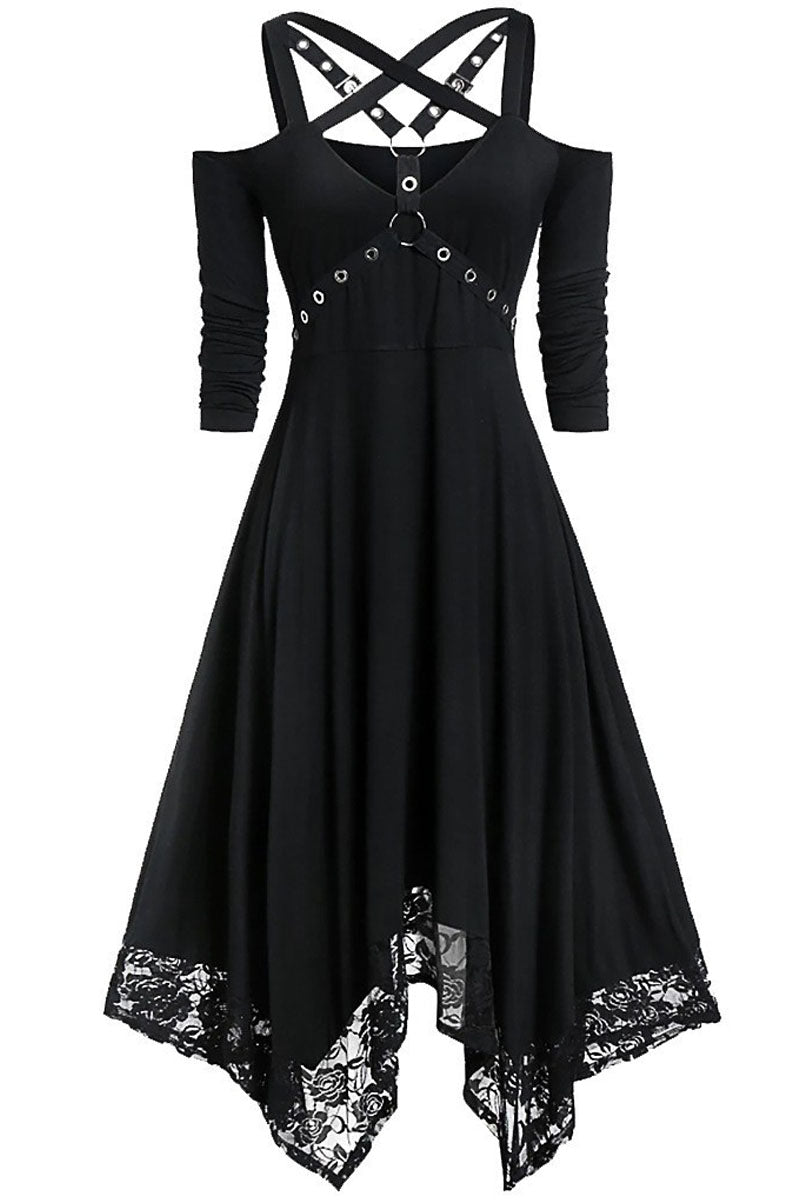 Gothic High Waist Ruffle A-Line Dresses With Shoulder Bandage