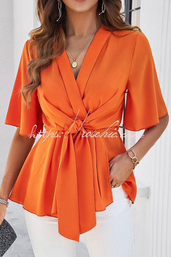 Solid Color Elegant Short Sleeve Strappy Tunic Top