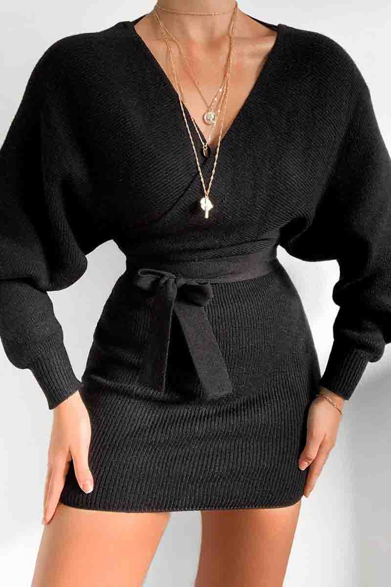 V Neck Knit Sweater Dress（3 Colors）