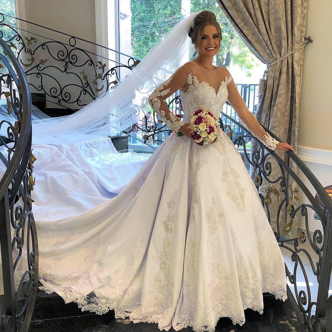 A-line Bridal Gown With Long Sleeves Satin Sweetheart Neckline