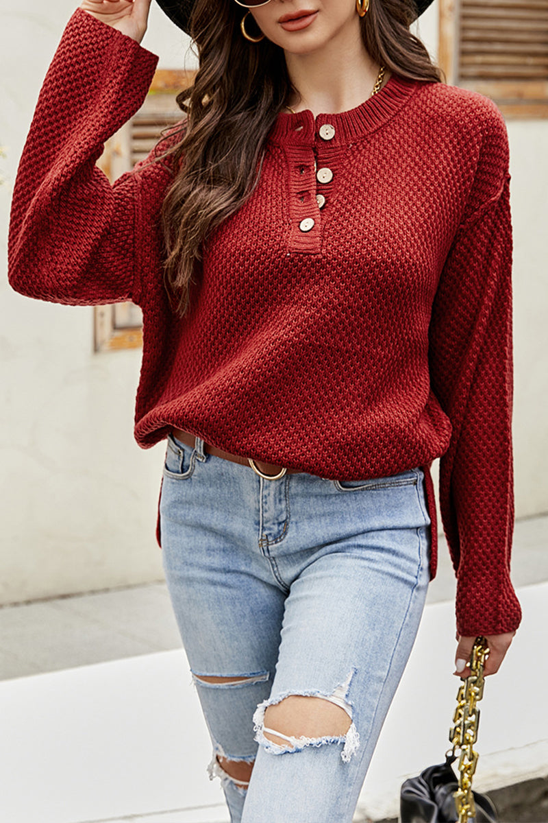 O Neck Waffle Single-breasted Knit Sweater