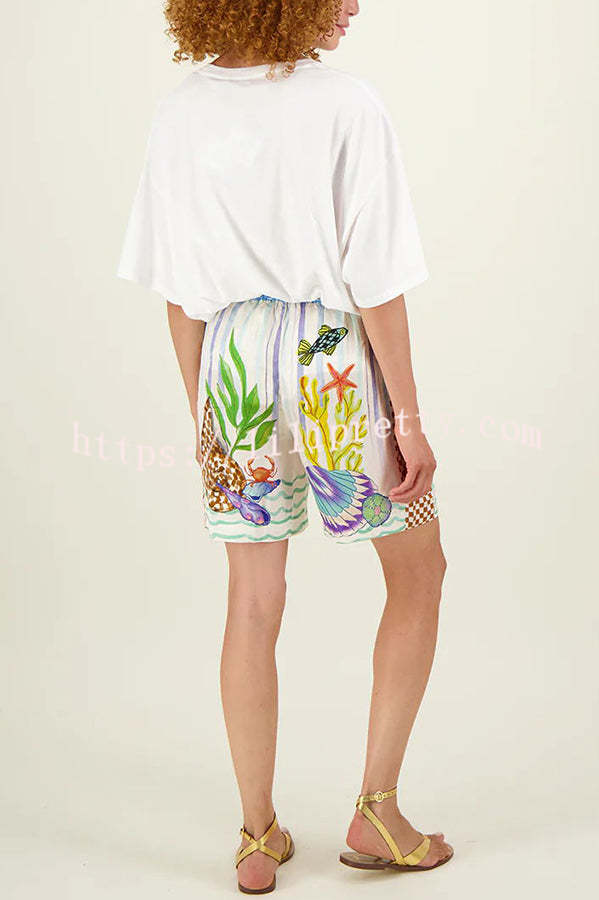 Coastal Seashell Satin Unique Print Pocket Loose Shirt and Elastic Waist Shorts Set - Fashionpara