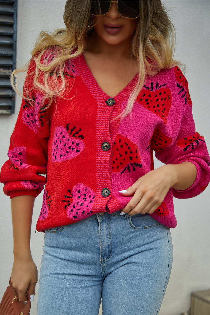 Strawberry Color Block Button Knit Cardigan Sweater