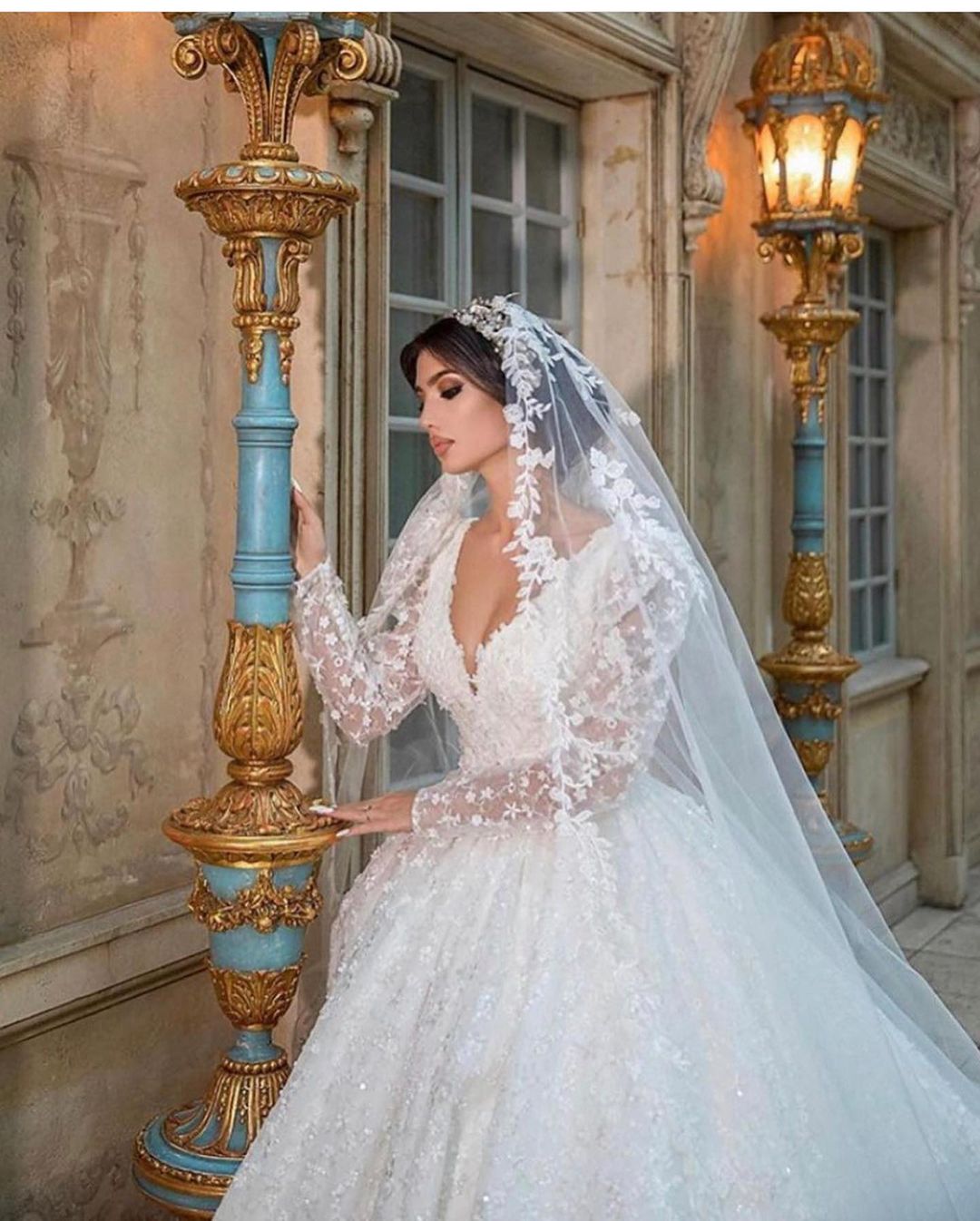 A-Line Deep V-Neck Long Sleeve Train Bridal Gown with Lace Appliques