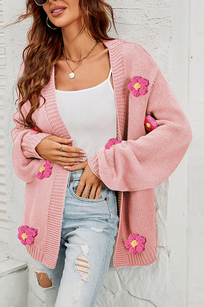 Knitted Flower Balloon Sleeve Cardigan Sweater