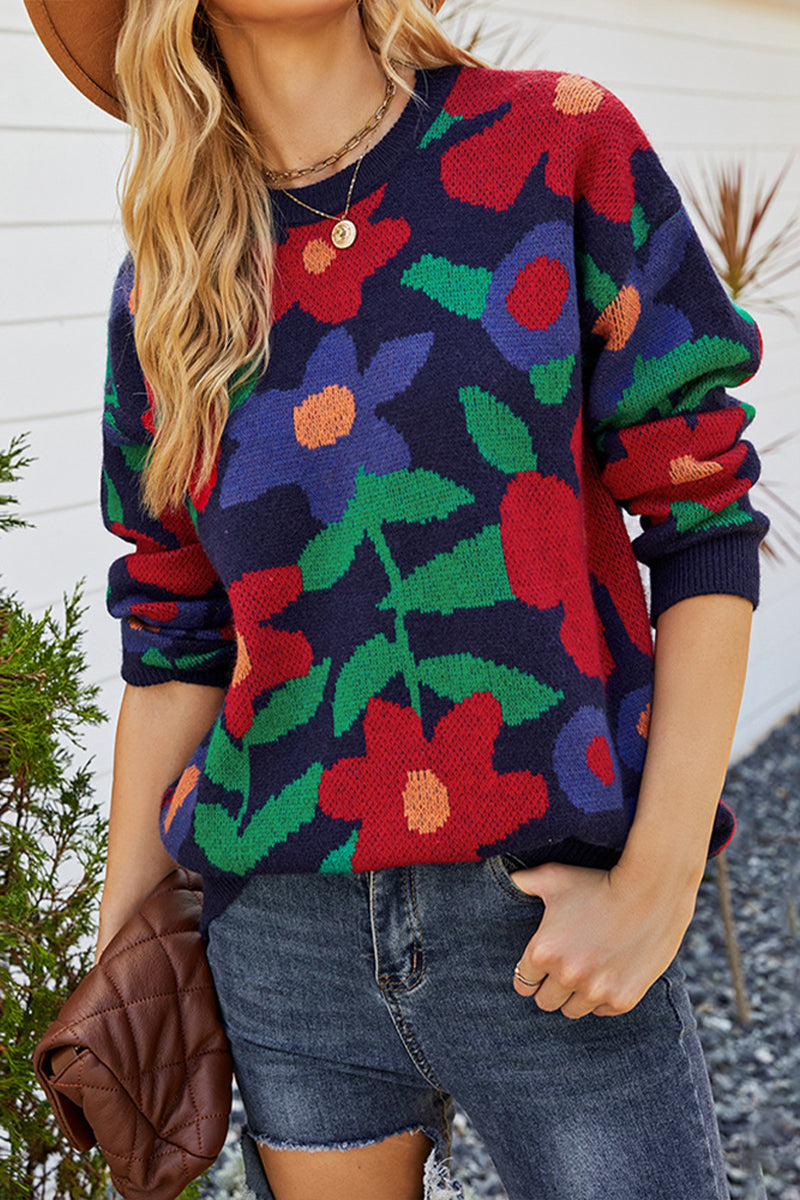 Multicolored Sunflower Round Neck Knit Sweater