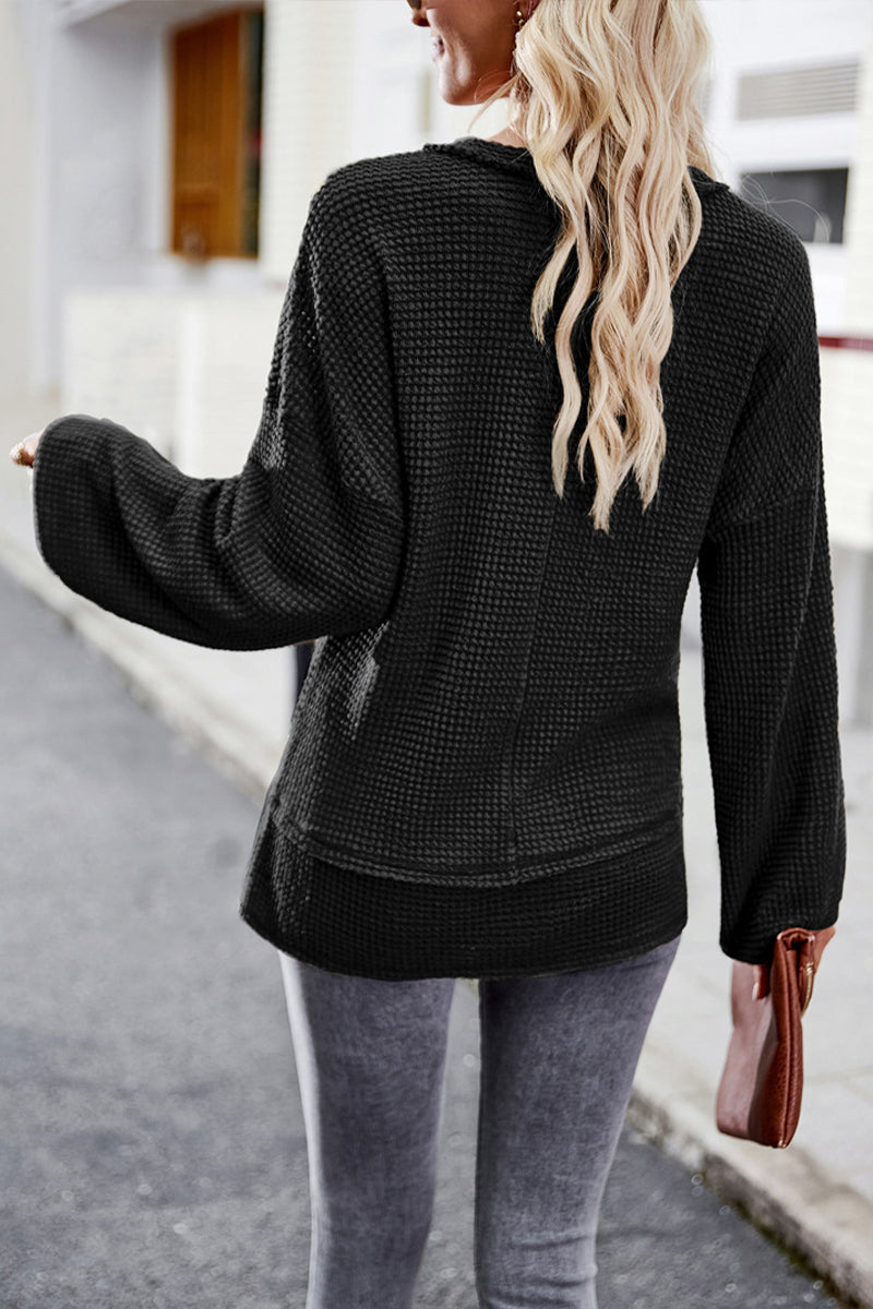 V-neck Solid Color Knitted Long Sleeve Top