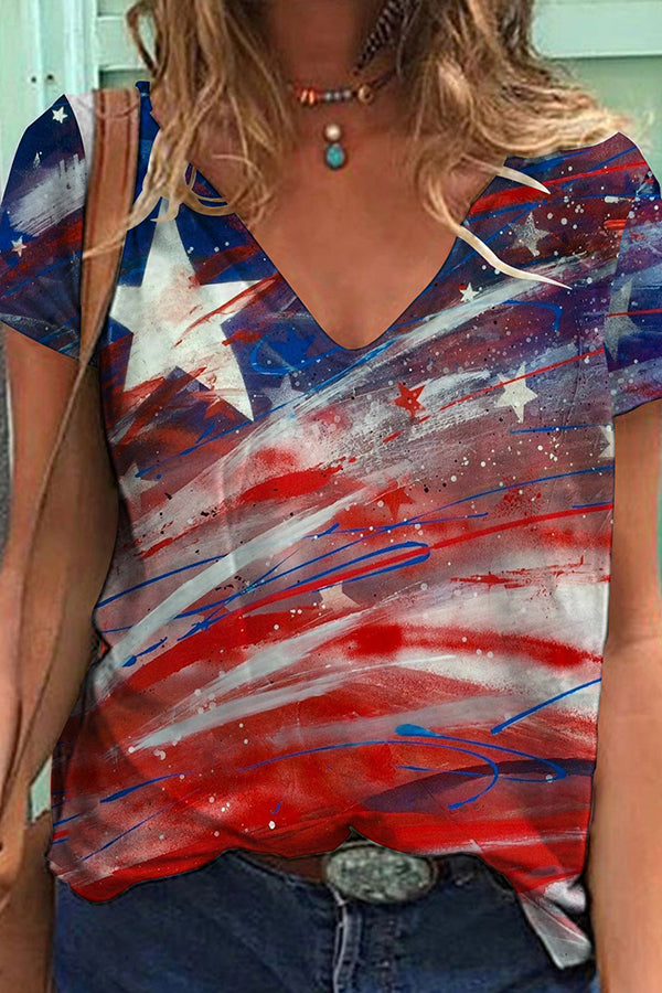 Independence Day Printed V Neck Short Sleeve T-Shirt