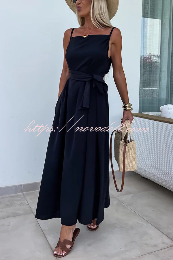 Long Story Solid Color Belted Pocket A-line Breathable Maxi Dress - Fashionpara