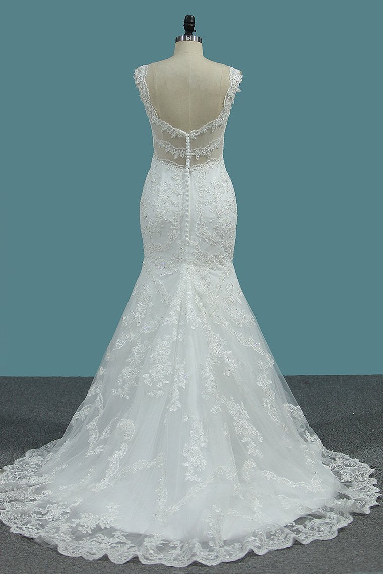 Wide Straps V-neck Mermaid Bridal Gown Floor-Length Lace Appliques