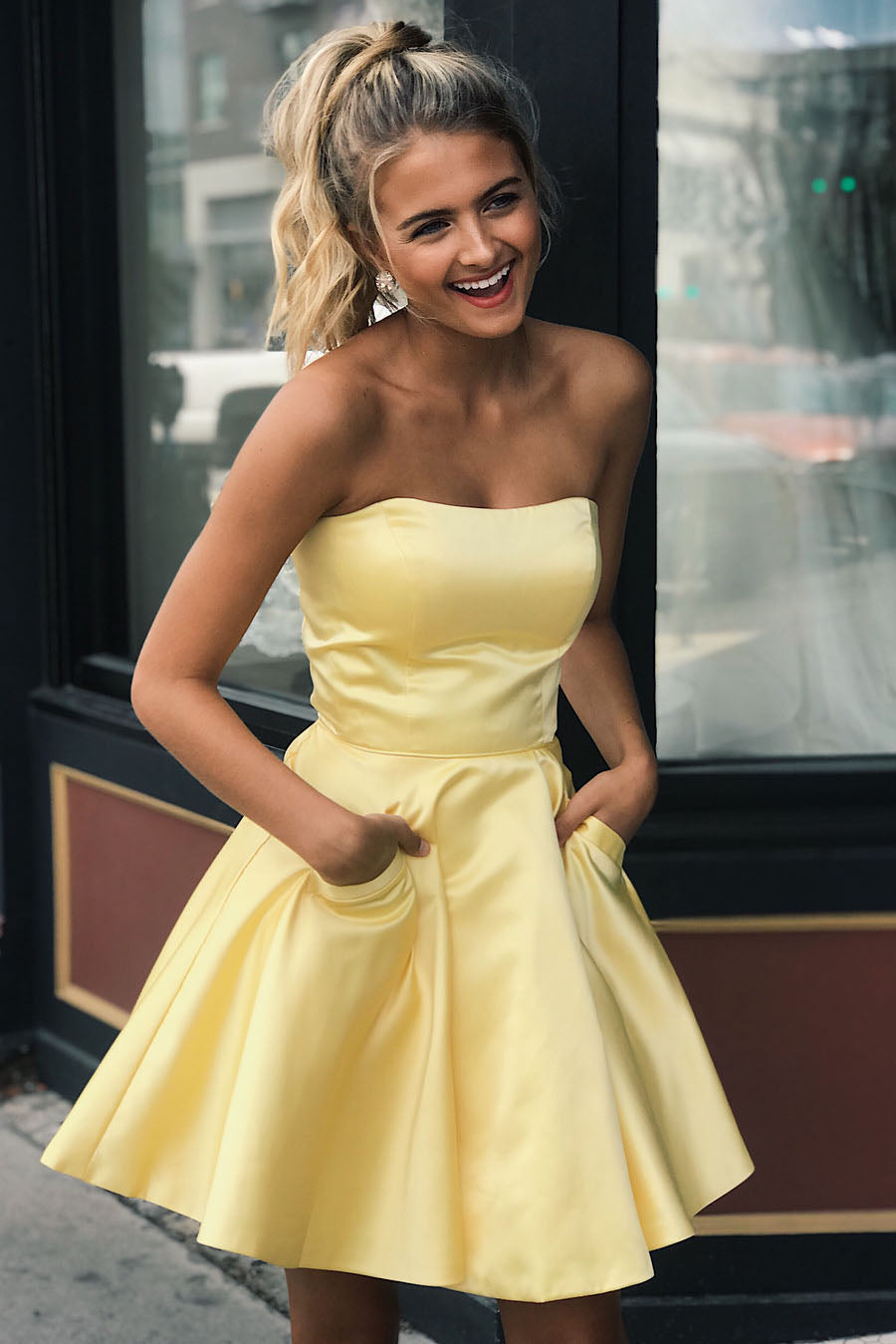 Lisa A-Line Strapless Satin Homecoming Dress with Functional Pockets