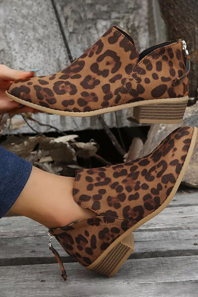 Leopard Zipper Western Chunky Ankle Boots