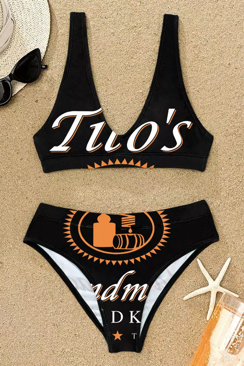 Drinks Letter Graphic Print Two Pieces Swimwear