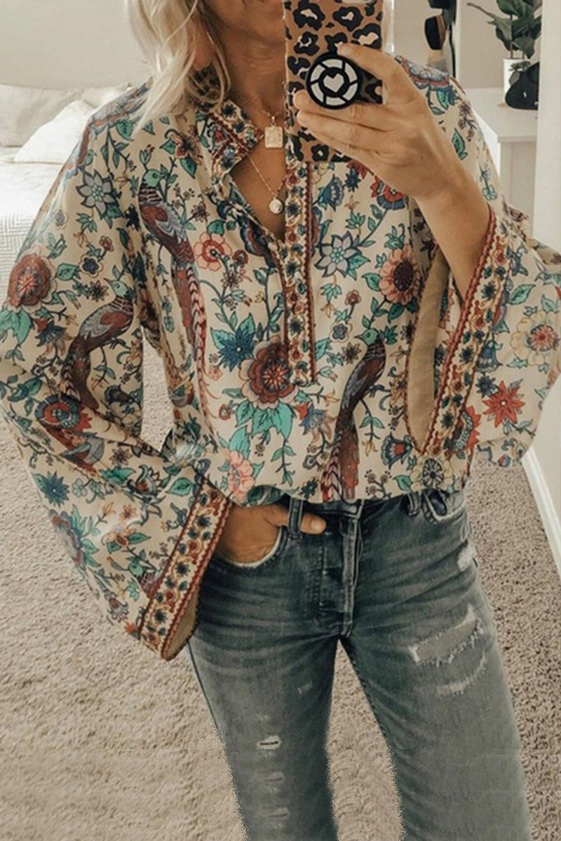 Vintage Print Loose Button Long Sleeve Shirt