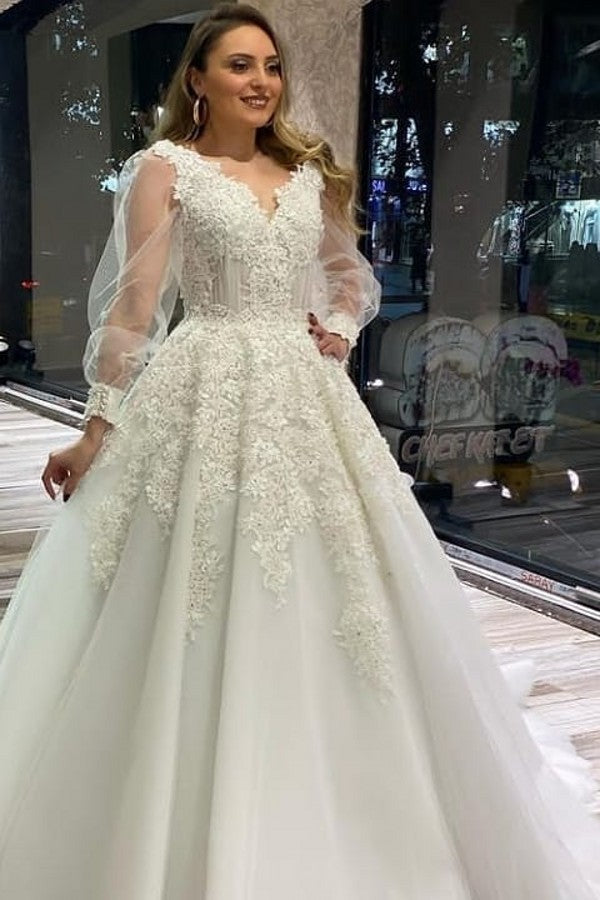 Unique A-Line V-neck Bridal Gown With Lace Appliques Tulle Puffy Long Sleeves