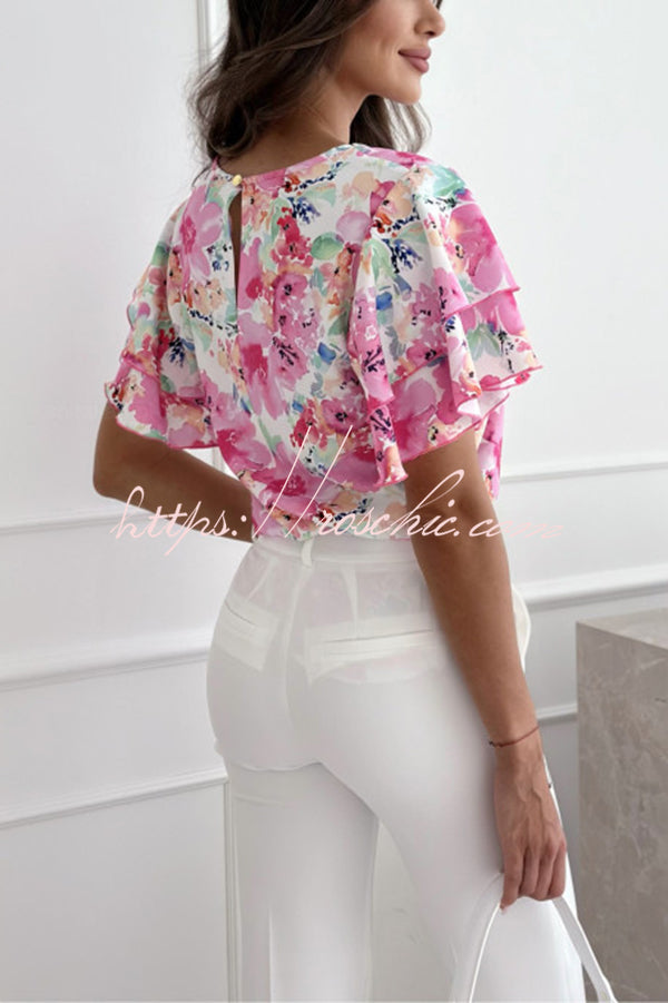 Floral Print Ruffle Sleeve Crew Neck Short Sleeve Top