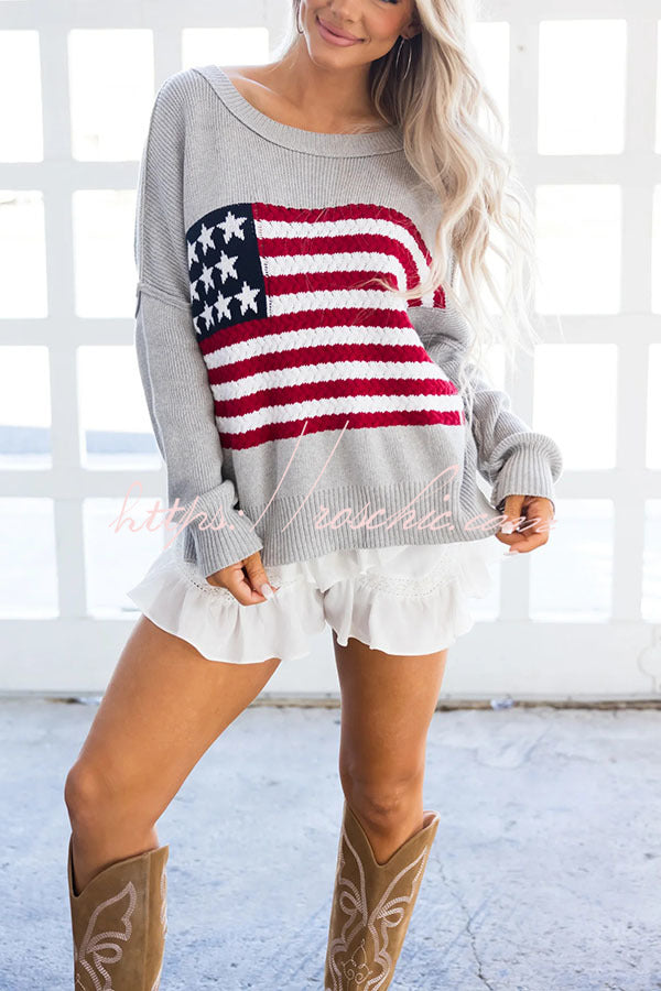 Independence Day Patchwork Long Sleeved Crew Neck Knitted Sweater