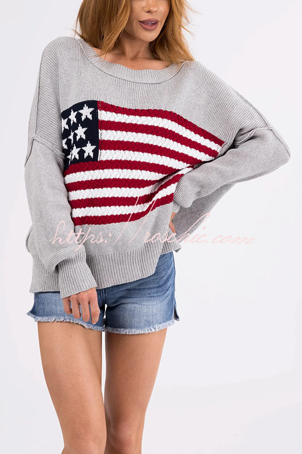 Independence Day Patchwork Long Sleeved Crew Neck Knitted Sweater