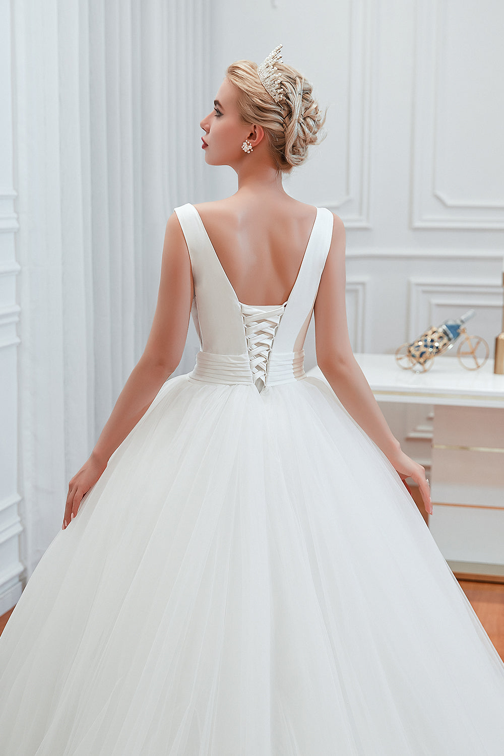 Wide Strap Deep V-Neck Floor-Length A-Line Bridal Gown with Tulle