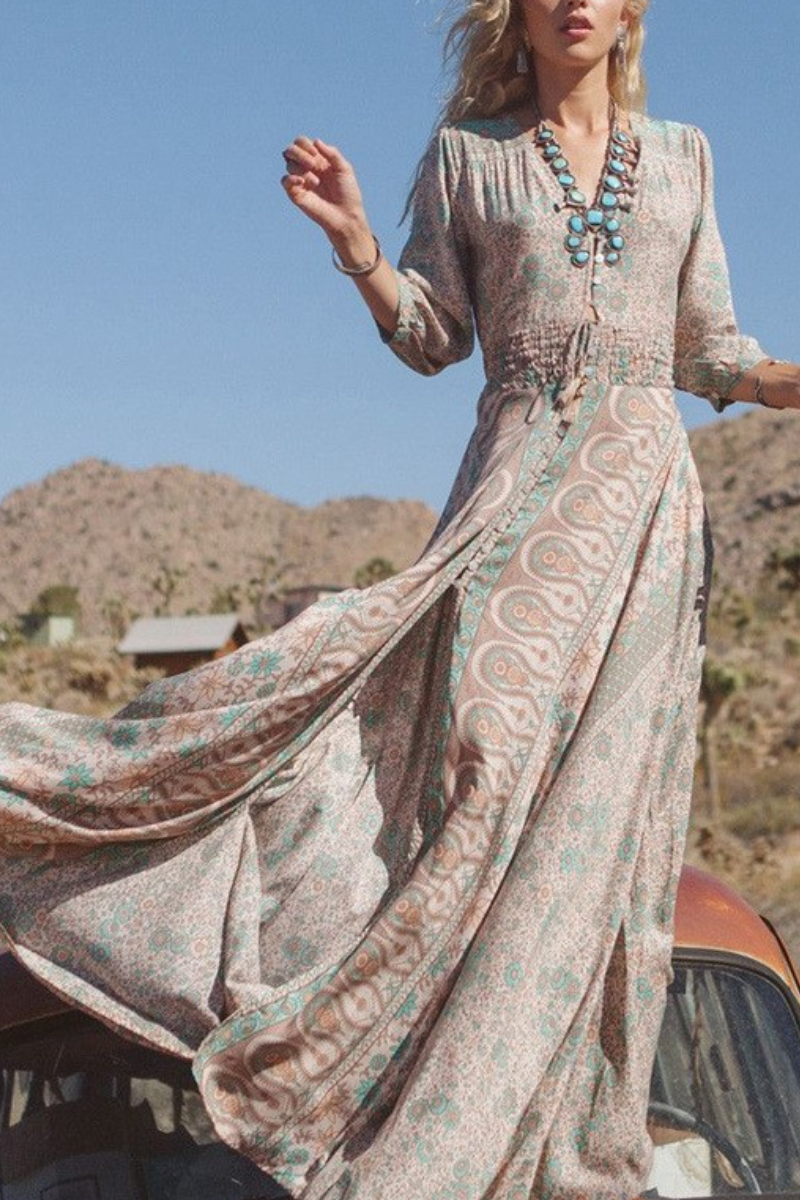 Green Boho Style Floral Chiffon Maxi Dress