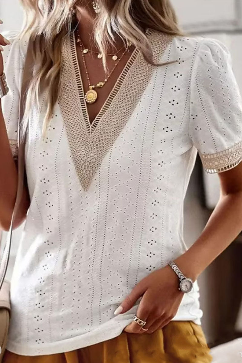 V Neck Patchwork Short Sleeve Casual T-Shirt