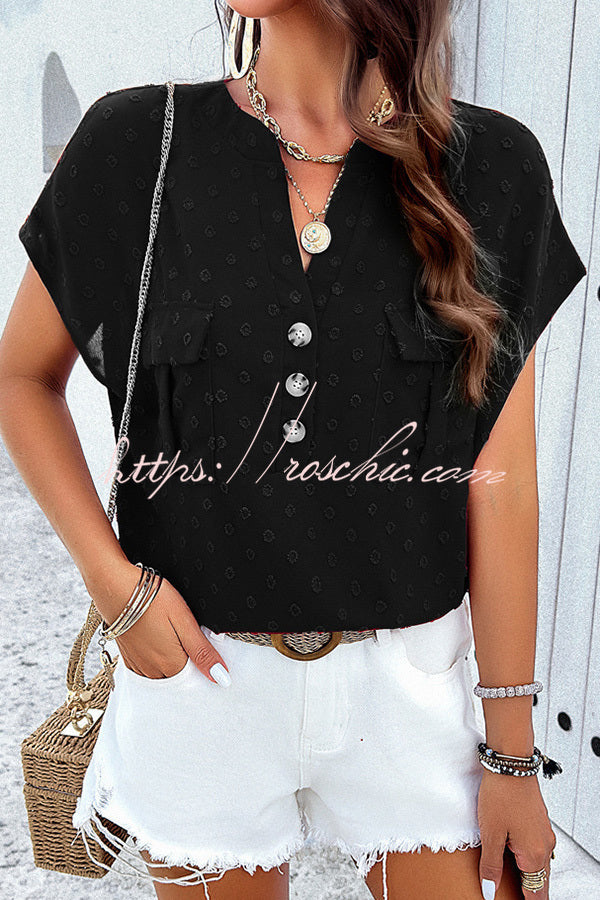 Simple Embroidered V Neck Pocket Button Down Short Sleeved Shirt