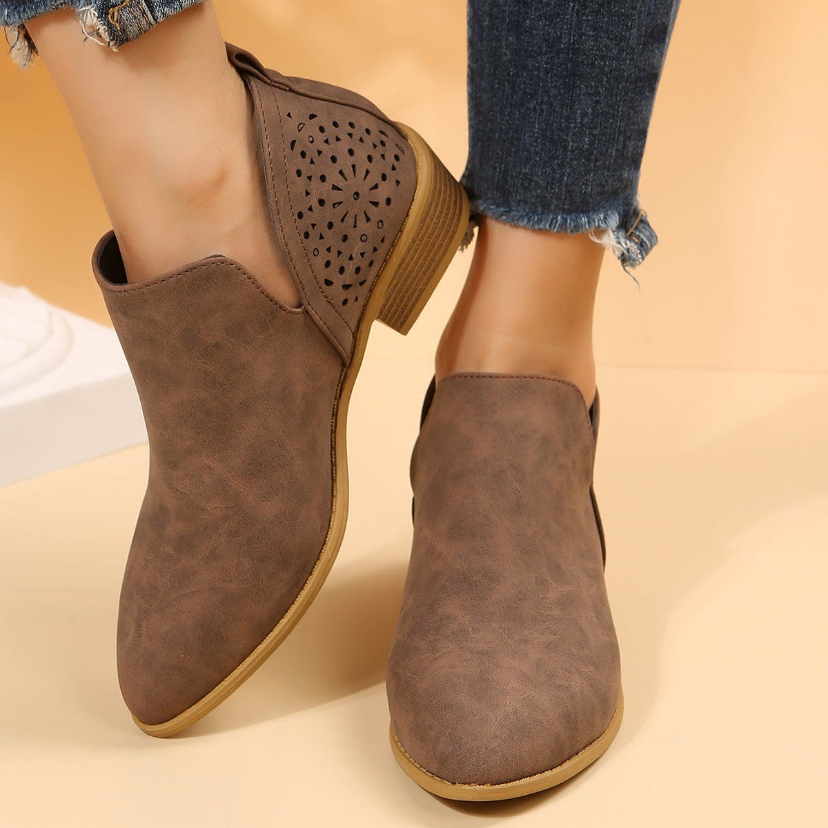 Perforated Western Chunky Ankle Boots